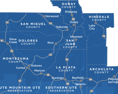 Image of the Southwest Colorado Region with place names.